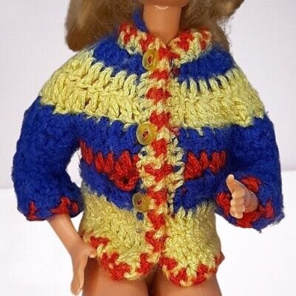 vtg Mommy-Made Handmade Barbie Fashion Doll Knit Sweater Cardigan Jacket Primary